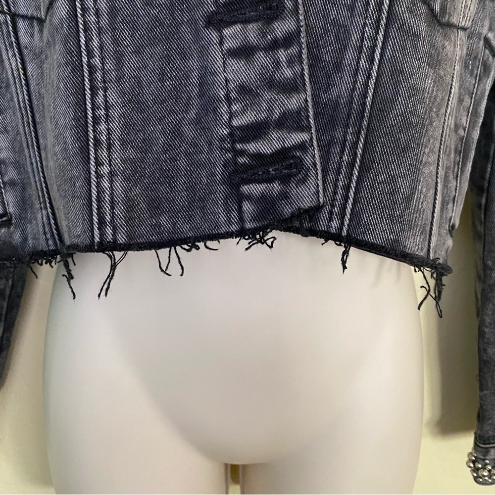 Forever 21 Premium Black Distressed Denim Studded Jacket Size S - Picture 7 of 16